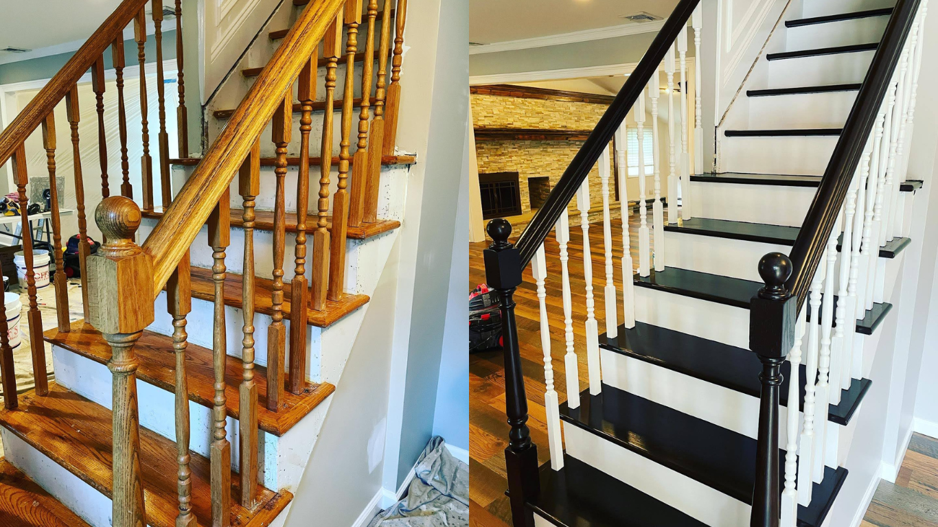 Long Island painters completely refinish staircase painting it black and white.